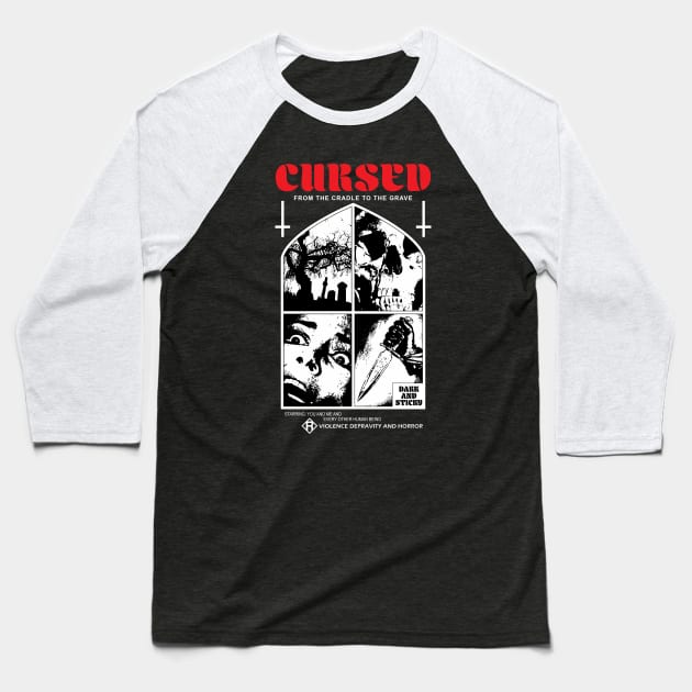 CURSED Horror T-shirt- Horror, Slasher, Metal, Giallo Shirt, Retro Baseball T-Shirt by Dark & Sticky